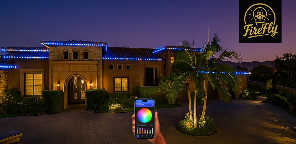 A hand using the FireFly app to change the lights on a home