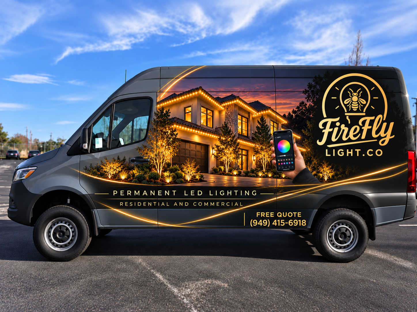 FireFly Light Co. van wrap with the FireFly logo, a home lit with permanent LED roofline lighting, and the phone number (949) 415-6918