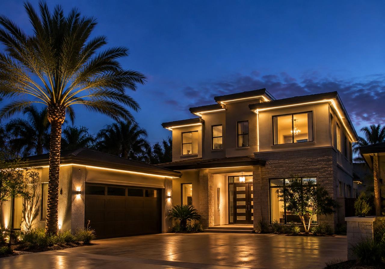 Home illuminated with warm white permanent roofline lighting