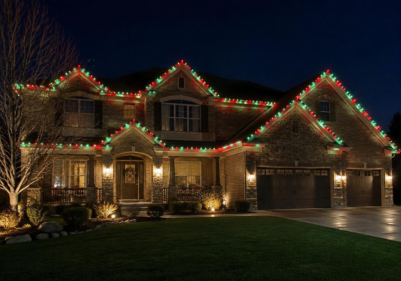 Home with colorful Christmas roofline lighting